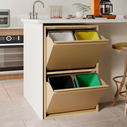 Veehaus® Clark - Prullenbak 4 vakken - Afvalemmer 60 Liter (4x 15L) - Hygienisch Recyclen - Metaal - Ivory