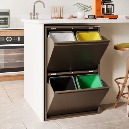 Veehaus® Clark - Prullenbak 4 vakken - Afvalemmer 60 Liter (4x 15L) - Hygienisch Recyclen - Metaal - Beige